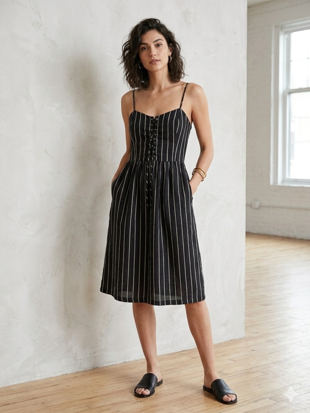 Reformation Black Linen Stripe Corset Midi Dress 14